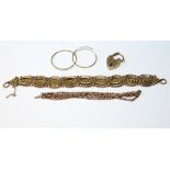 Gold gate bracelet in two parts with padlock, '9ct', two earrings and a piece of chain.