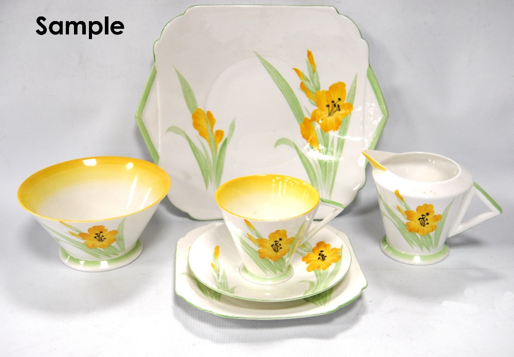 Art Deco Shelley Crocus pattern thirty-nine piece tea set comprising eleven cups, twelve saucers,
