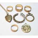 Gold engraved locket, 1903, two similar coin mounts and four band rings.