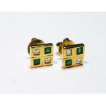 Pair of diamond earrings, matching the preceding, each with two square diamonds and two emeralds,