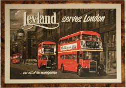 Original early 1950s Leyland Motors POSTER 'LEYLAND SERVES LONDON'. A framed example of this much