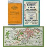1920s Southern Railway " Southern Electric" fold-out LINEN CARD MAP 'Suburban Area'. Opens to 8" x