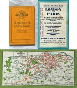 1920s Southern Railway " Southern Electric" fold-out LINEN CARD MAP 'Suburban Area'. Opens to 8" x