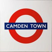 London Underground enamel PLATFORM SIGN (track-side) from Camden Town station. A 'roundel' sign,