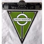 London Transport RT-type bus enamel RADIATOR BADGE (green variant) and BODYBUILDER'S PLATE '