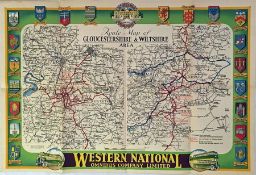 1930s Western National POSTER ROUTE MAP of bus services in the Gloucestershire & Wiltshire Area. A