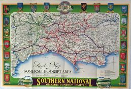 1930s Southern National POSTER ROUTE MAP of bus services in the Somerset & Dorset Area. A superb