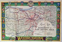 1930s Western National POSTER ROUTE MAP of bus services in the Somerset & East Devon Area. A