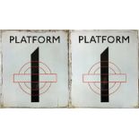 London Underground ENAMEL SIGN 'PLATFORM 1', a double-sided sign featuring the traditional LT
