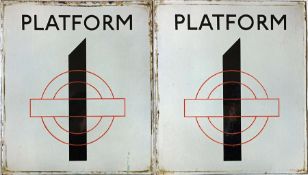London Underground ENAMEL SIGN 'PLATFORM 1', a double-sided sign featuring the traditional LT