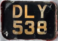 London Transport TROLLEYBUS REGISTRATION PLATE (rear) DLY 538 from 1937 D3 class vehicle 538. The