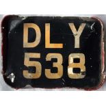 London Transport TROLLEYBUS REGISTRATION PLATE (rear) DLY 538 from 1937 D3 class vehicle 538. The