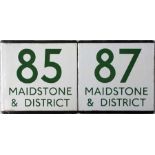 A pair of London Transport bus stop enamel E-PLATES for Maidstone & District services 85 and 87 with
