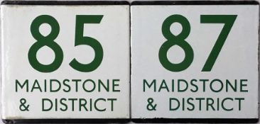 A pair of London Transport bus stop enamel E-PLATES for Maidstone & District services 85 and 87 with