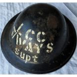 WW2 London Transport ARP HELMET dated 1943 and lettered 'LCC T/Ways Supt.' Although the LCC Tramways