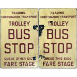 Double-sided enamel TROLLEY BUS STOP FLAG from Reading Corporation Transport. Flag is inscribed '