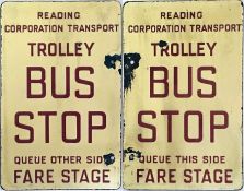 Double-sided enamel TROLLEY BUS STOP FLAG from Reading Corporation Transport. Flag is inscribed '