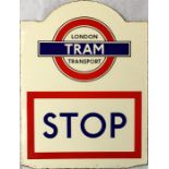 1930s London Transport enamel TRAM STOP SIGN in the early 'tombstone' design inherited from the