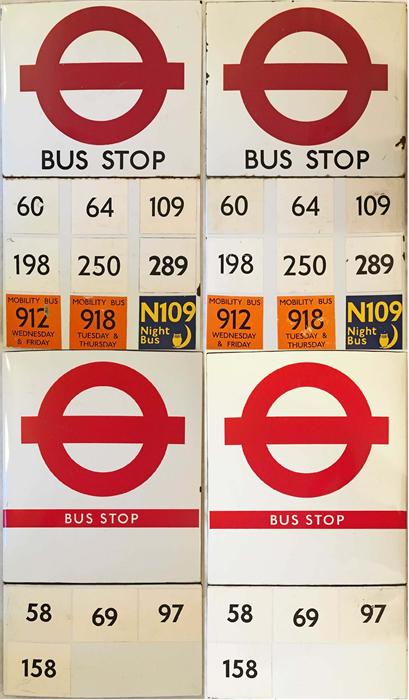 A pair of London Transport enamel BUS STOP FLAGS, both E9-size, boat-style (hollow, double-sided),