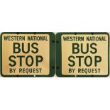 Western National enamel BUS STOP FLAG 'By Request'. A 1950s/60s double-sided sign in cream and green