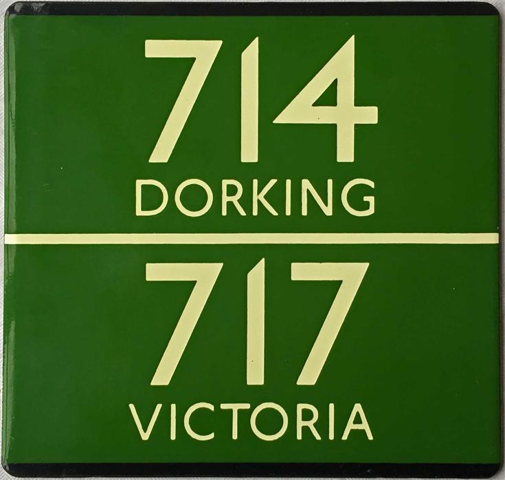 London Transport coach stop enamel E-PLATE for routes 714 destinated Dorking and 717 destinated