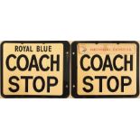 Royal Blue enamel COACH STOP FLAG. A 1950s/60s double-sided sign in cream and black enamel. A '