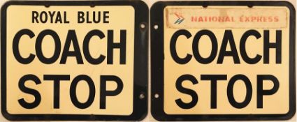 Royal Blue enamel COACH STOP FLAG. A 1950s/60s double-sided sign in cream and black enamel. A '