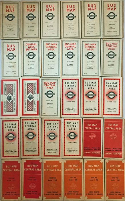 Quantity of London Transport Central Bus POCKET MAPS dated between 1934 and 1940. Minor duplication,
