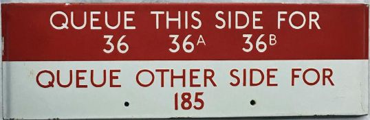 London Transport bus stop enamel Q-PLATE 'Queue this side for 36, 36A, 36B, Queue other side for