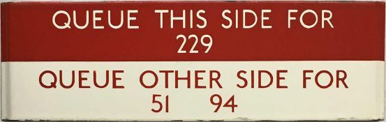 London Transport bus stop enamel Q-PLATE 'Queue this side for 229, Queue other side for 51, 94'.