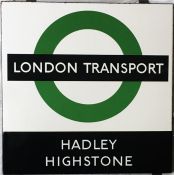 1950s/60s London Transport enamel BUS STOP SIGN ' London Transport - Hadley Highstone' from a '