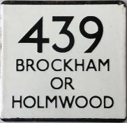 London Transport bus stop enamel E-PLATE for route 439 destinated Brockham or Holmwood. May well