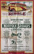 1937 Ribble Motor Services POSTER for 7-day coach tours from Liverpool to the Norfolk Broads, London
