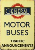 London General Omnibus Company 1920s ENAMEL SIGN ''MOTOR BUSES - TRAFFIC ANNOUNCEMENTS'' believed to