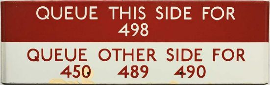 London Transport bus stop enamel Q-PLATE 'Queue this side for 498, Queue other side for 450, 489,