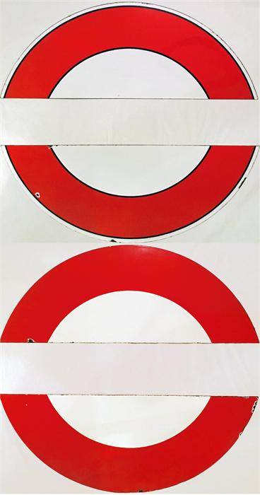 Two pairs of London Underground enamel PLATFORM SIGN INFILLS (each is two semi-circles), one