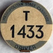 London Tram & Trolleybus Driver's METROPOLITAN STAGE CARRIAGE BADGE T 1433. Equivalent to PSV
