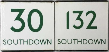 A pair of London Transport bus stop enamel E-PLATES for Southdown services 30 and 132 with the