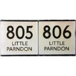 A pair of London Transport bus stop enamel E-PLATES for routes 805 and 806, both destinated Little