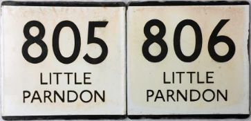 A pair of London Transport bus stop enamel E-PLATES for routes 805 and 806, both destinated Little