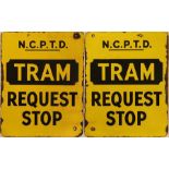 Double-sided enamel TRAM STOP FLAG 'N.C.P.T.D. Tram Request Stop', believed to be from Newcastle.