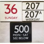 Selection of London Transport bus stop enamel E-PLATES for routes 36 Sunday (red digits), 207/207A