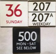 Selection of London Transport bus stop enamel E-PLATES for routes 36 Sunday (red digits), 207/207A