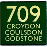 London Transport coach stop enamel E-PLATE for Green Line route 709 destinated Croydon, Coulsdon,