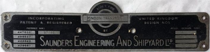 London Transport bus BODYBUILDER'S PLATE for Saunders Engineering and Shipyard Ltd from one of the