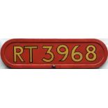 London Transport RT-type bus BONNET FLEETNUMBER PLATE from RT 3968. The original RT 3968 entered