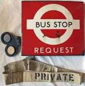 London Transport bus items comprising a REQUEST STOP FLAG ('boat style, 15.5" x 18" or 40cm x