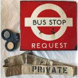 London Transport bus items comprising a REQUEST STOP FLAG ('boat style, 15.5" x 18" or 40cm x