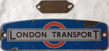 London Transport RTL-type bus BRASS CHASSIS TAG (dumb-iron plate) from RTL 23 plus an enamel RTL-