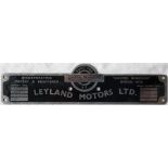 London Transport bus BODYBUILDER'S PLATE for Leyland Motors Ltd from one of the 500 RTW-type Leyland